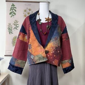 Vintage 90s Y2k Patchwork Tapestry Boxy Jacket Boho Forest Witchy Fairy Grunge M